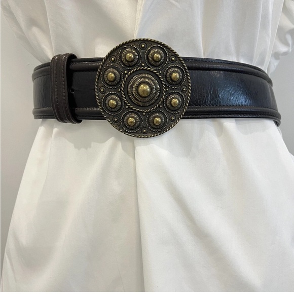 Per Se Accessories - Per Se Women’s Brown Leather Belt Brass Buckle Sz S Vintage 90's